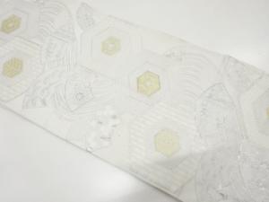 アンティーク　流水に重ね亀甲・地紙・花模様織り出し袋帯（材料）